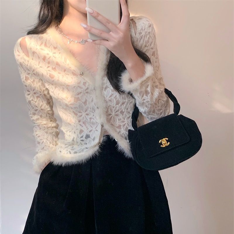 atasan renda import lace shirt women s winter warna solid lengan panjang pure want sexy furry hollow