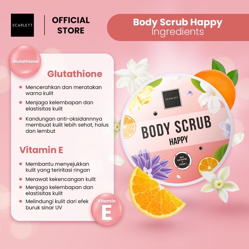 SCARLETT Happy Series | Lotion | Body Serum | Body Cream | Shower Scrub Gel | Body Scrub Lulur Scarlett Happy