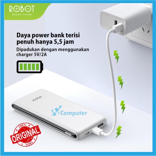 POWERBANK ROBOT  ORIGINAL 10000mAh RT180 Dual Input Port Type C &amp; Micro USB