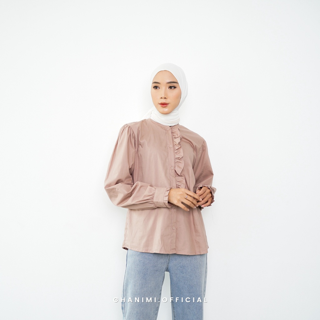 Ghanimi - Merisa Shirt / Kemeja Panjang Basic Wanita / kemeja kerja casual formal lengan panjang wudhu friendly / atasan kemeja kancing ruffle polos simple murah