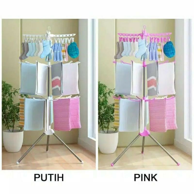 RAK JEMURAN MENARA BAJU BAYI 3 SUSUN TRIPOD DENGAN HANGER ROTASI BISA BERPUTAR