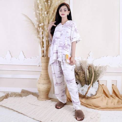 Setelan Piyama Wanita Baju Tidur Cewek Motif Tie Dye One Set Rayon Adem Jumbo XL-XXL Caris CP-DIAN BROKEN WHITE