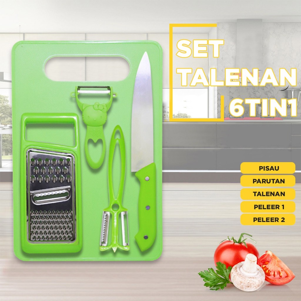 Set Talenan Dapur Lengkap Dengan Pisau Set Talenan 5In1/Pisau Dapur Anti Karat Pisau Daging Buah Sayur Roti Gunting dapur Talenan / Alat Pengupas Buah Uk 20cm x 30cm