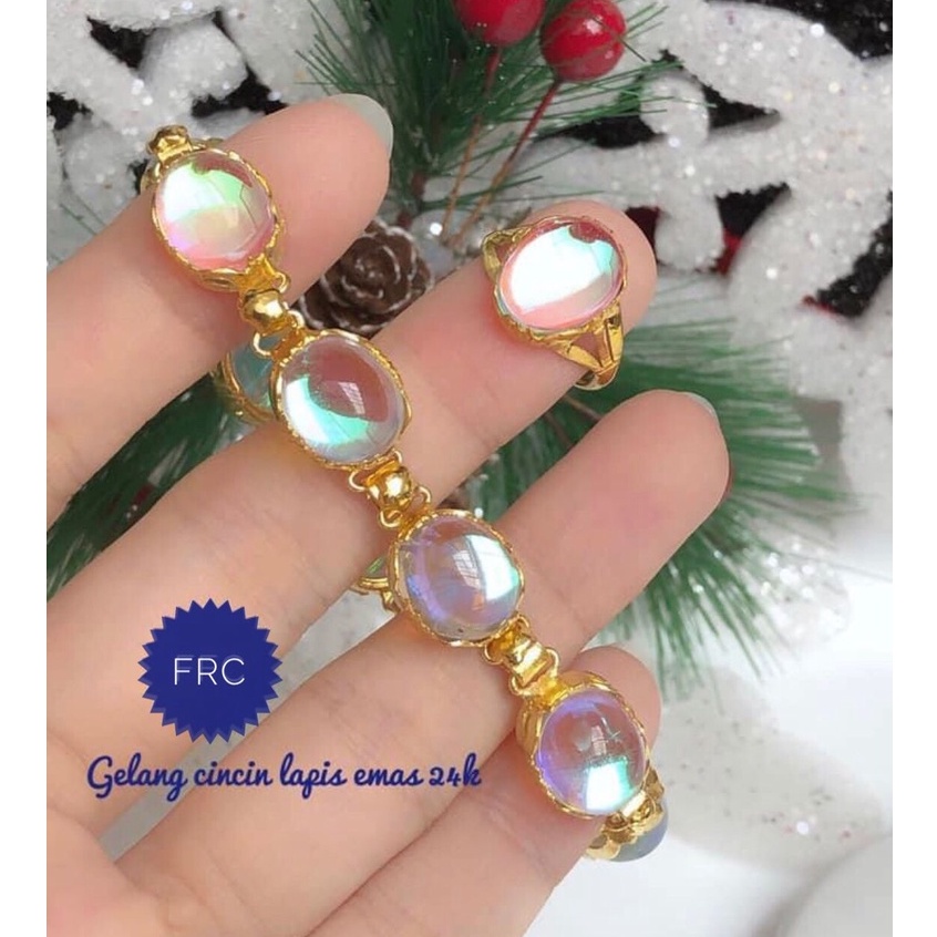 (OKT) TERLARIS Set Perhiasan Lapis Emas 24 Karat Cincin Gelang Batu Berlian Permata Rubi Giok Putih 