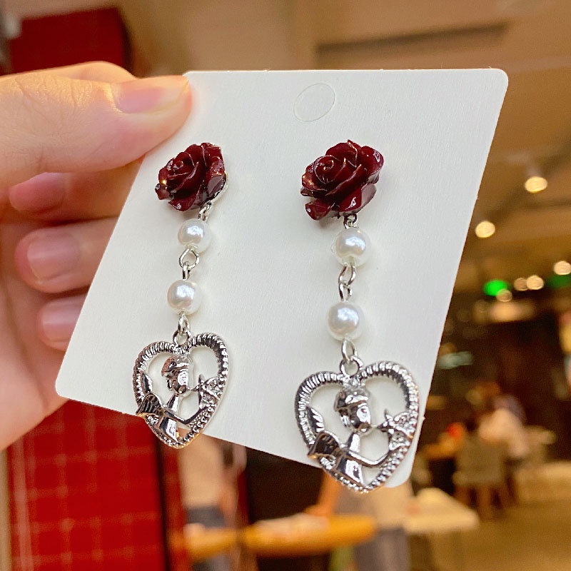 Anting Bentuk Bunga Mawar Warna Merah