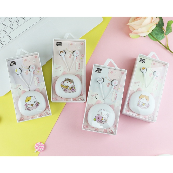 [KIKI-353] Set Headset Earphone SAKURA CAT / Wadah Earphone Kartun KUCING dengan Bunga SAKURA