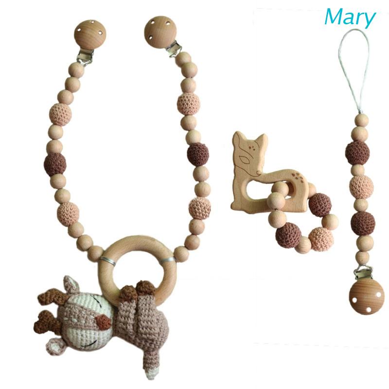 Mary 3pcs / Set Mainan Rattle / Teether / Gelang Tangan / Klip / Jepit Bahan Kayu Untuk Stroller Bayi