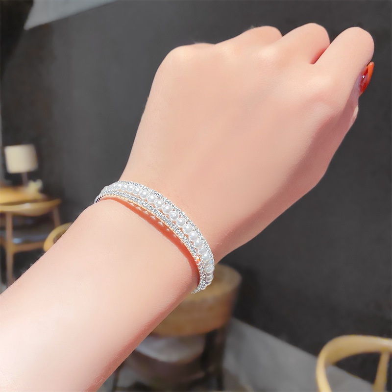 Gelang Mutiara Berlian Imitasi Model Double Layer Gaya Korea Retro