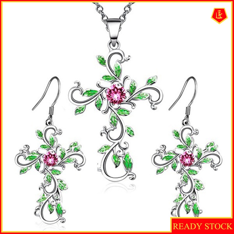 [Ready Stock]Elegant New Cross Earrings Necklace Pendant Set