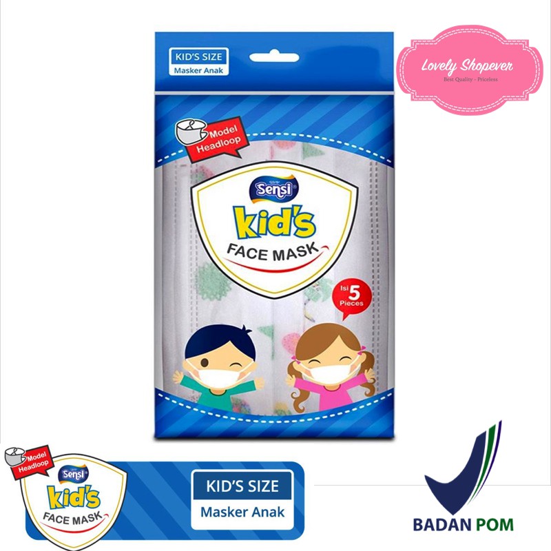 MASKER SENSI Masker Anak / Kids Face Mask Headloop Duck Bill Earloop Head Ear Loop 3 Ply 3Ply isi 5 pcs