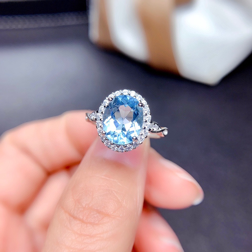 Cincin Berlian Oval Wanita 925 Perak Langit Biru