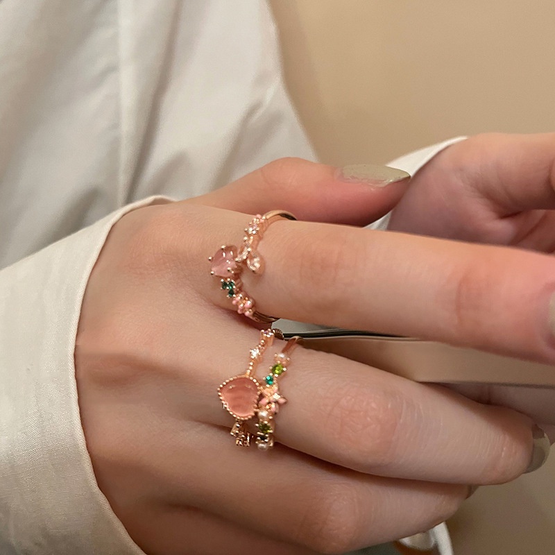 Cincin Model Terbuka Desain Hati Ganda Opal Warna Pink Untuk Wanita