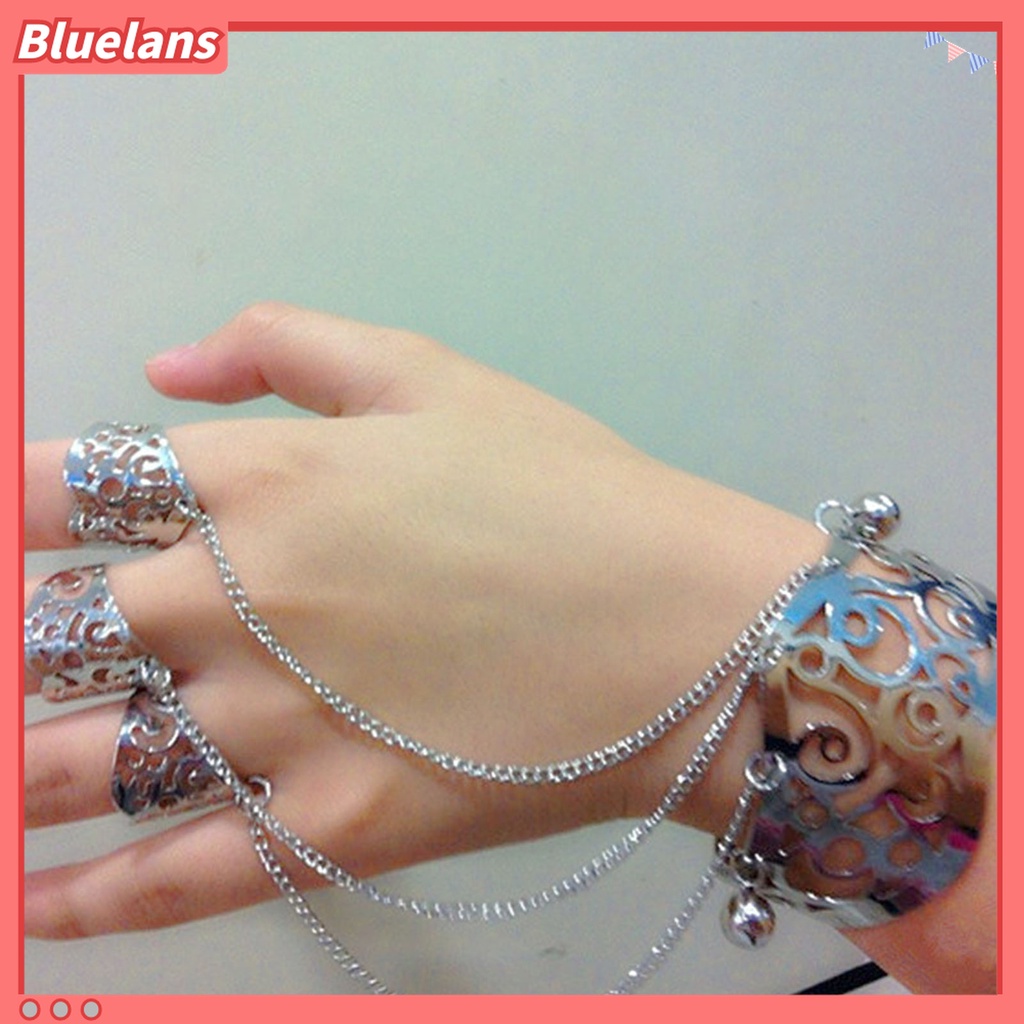 Gelang Tangan Rantai Multilayer Adjustable Motif Ukiran Hollow Aksen Rumbai + Lonceng Untuk Perhiasan Wanita