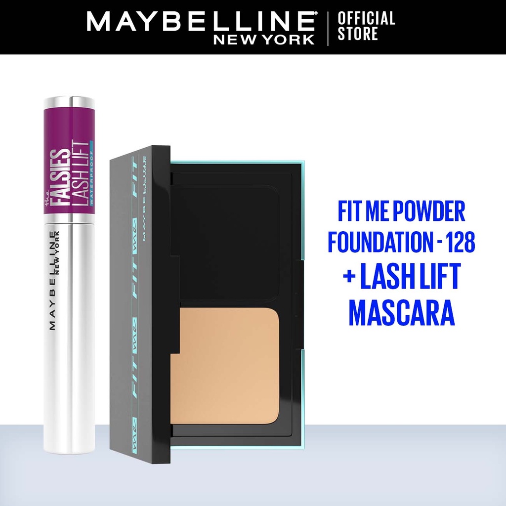 Maybelline #TetapON Bundle 1- Fit Me 24h Powder Foundation 128 + Lash Lift Mascara - Makeup