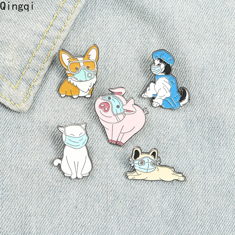 Bros Pin Enamel Desain Kartun Hewan Kucing Anjing Babi Bulldog Masker Wajah Untuk Hadiah Perhiasan