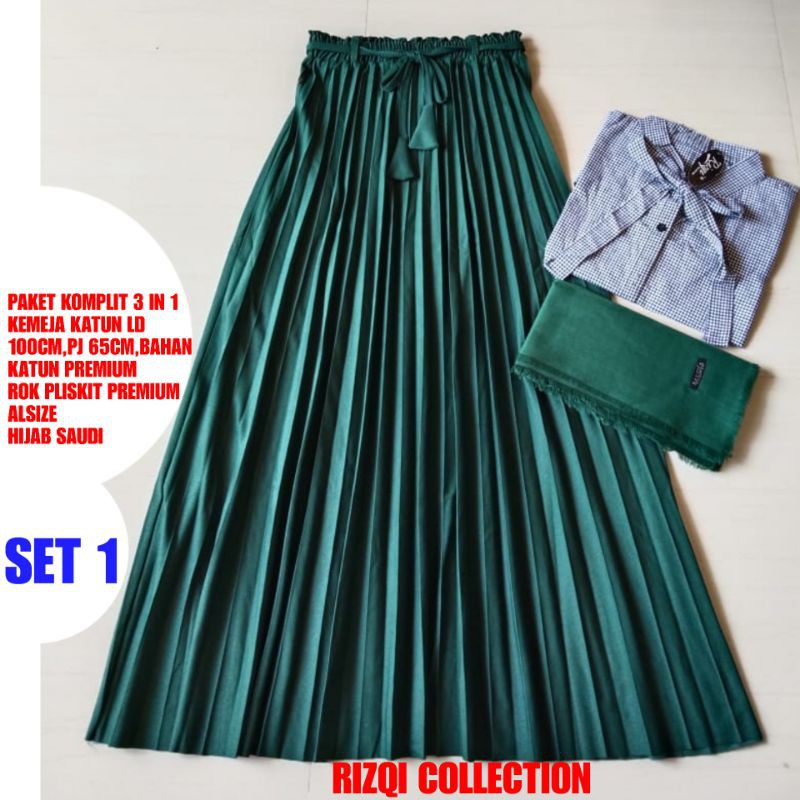 PAKET KOMPLIT 3 IN 1 KEMEJA KATUN PREMIUM+ROK PLISKIT PREMIUM+HIJAB SAUDI,RIZQI COLLECTION