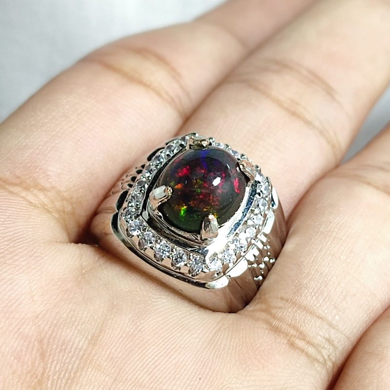 CINCIN BATU PERMATA KALIMAYA BLACK OPAL IKATAN RING PERAK BANGKOK ASLI NATURAL