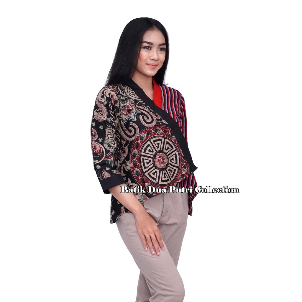 Atasan Batik Wanita Blouse Batik Kombinasi Salur Wana Warni - Bola Cina By Batik Dua Putri