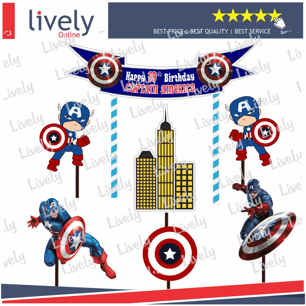 CAKE TOPPER KARAKTER HIASAN KUE HBD HAPPY BIRTHDAY CUSTOM NAMA CAPTAIN AMERICA set