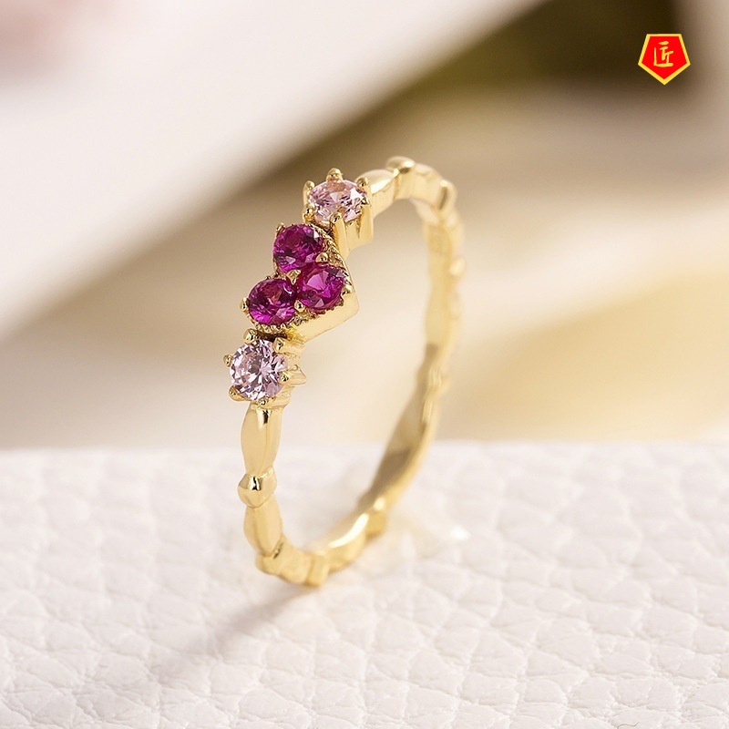 [Ready Stock]14K Gold Inlaid Colored Gems Heart-Shaped Ring Female Simple Fashion