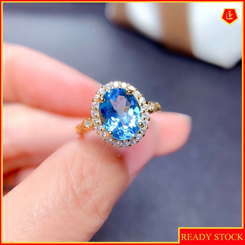 [Ready Stock]Simple Fashion Gold Natural Blue Topaz Ring