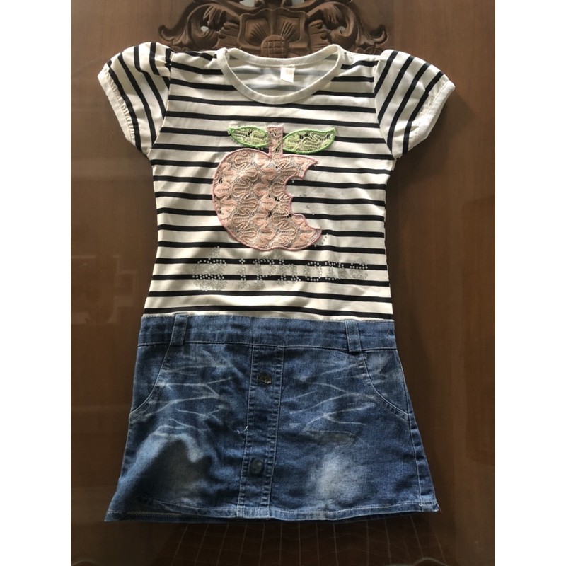 preloved dress atasan garis2 hitam putih bawah rok jeans anak 2 tahun
