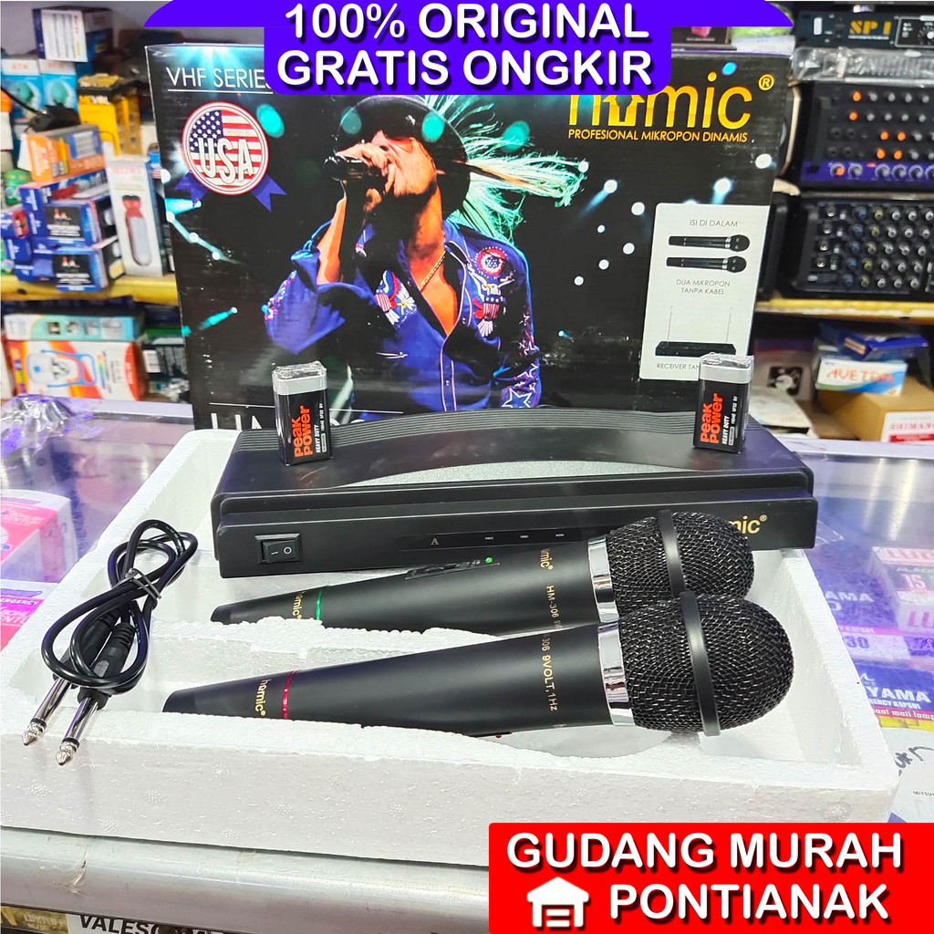 Mic Wireless Double Homic HM 306 tanpa kabel baterai 9v segi 2 / dua mik USA