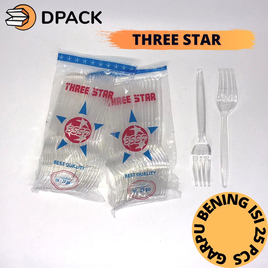 Garpu makan plastik bening / transparant spoon THREE STAR isi 25pcs