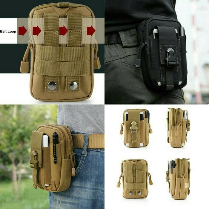 Tas Pinggang Kanvas Militer Style 2 sekat / seleting / Passport / Mobile Phone / Power bank / Tools