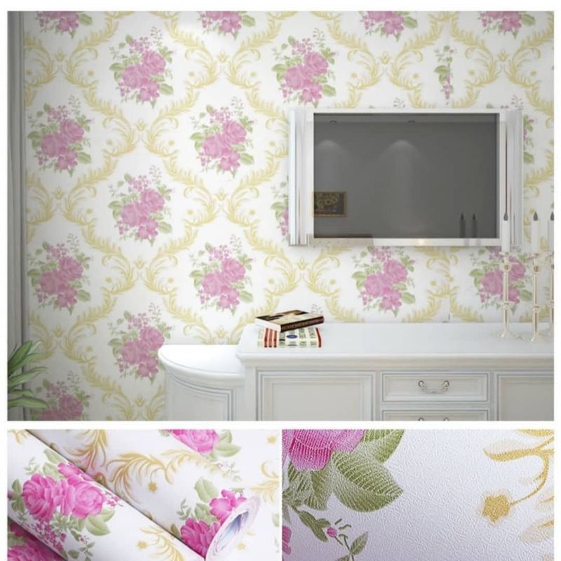 Wallpaper Stiker Dinding Motif Batik Gold Rose Pink 10m x45cm