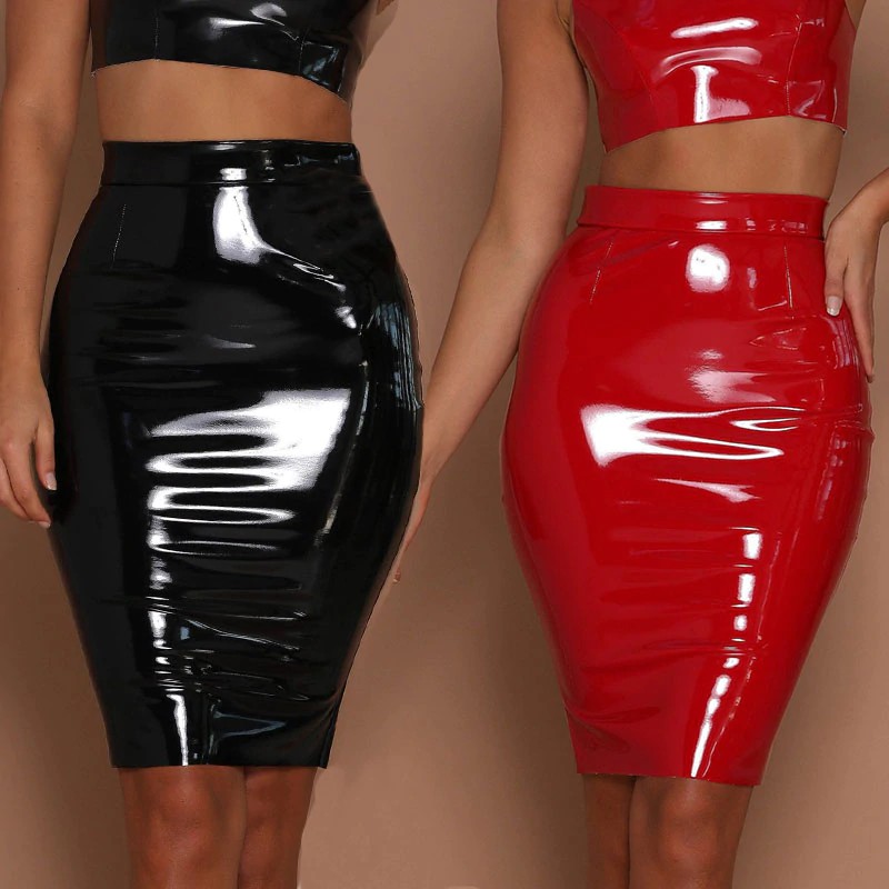2019 women sexy mini elegant bodycon latex skirt high waist pencil PU patent leather skirt