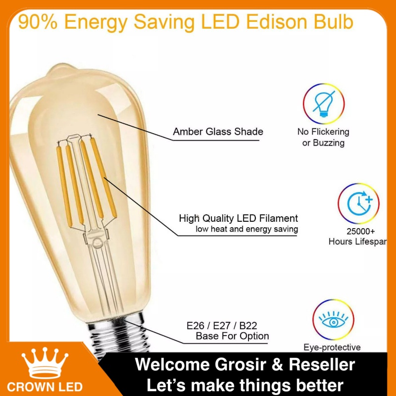 Lampu Filamen LED ST64 Bulb 4W bohlam 4 w watt pijar edison cafe OVAL