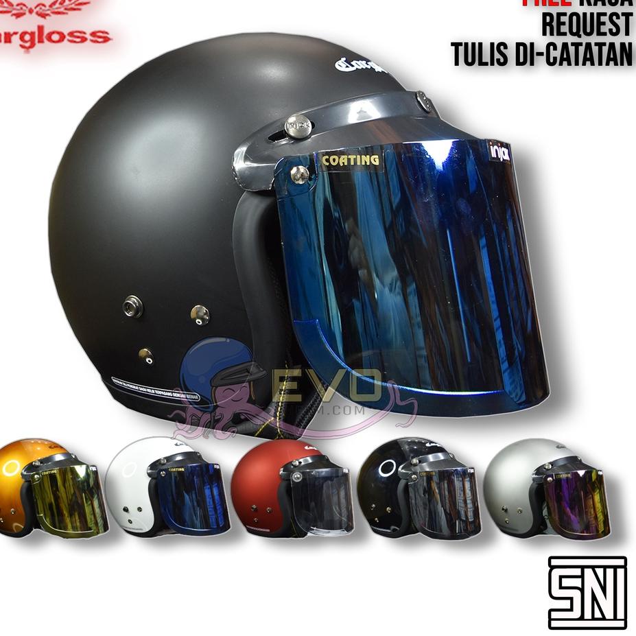 C-33 HELM CARGLOSS CFM RETRO ORIGINAL WARNA LENGKAP CARGLOSS KACA DATAR INJAK SILVER PELANGI GOLD BI