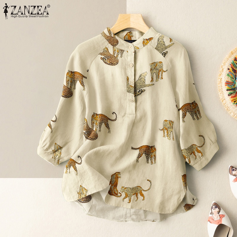 ZANZEA Womens O Neck Party Shirt Tops Blouse Printed Holiday Baggy Shirts