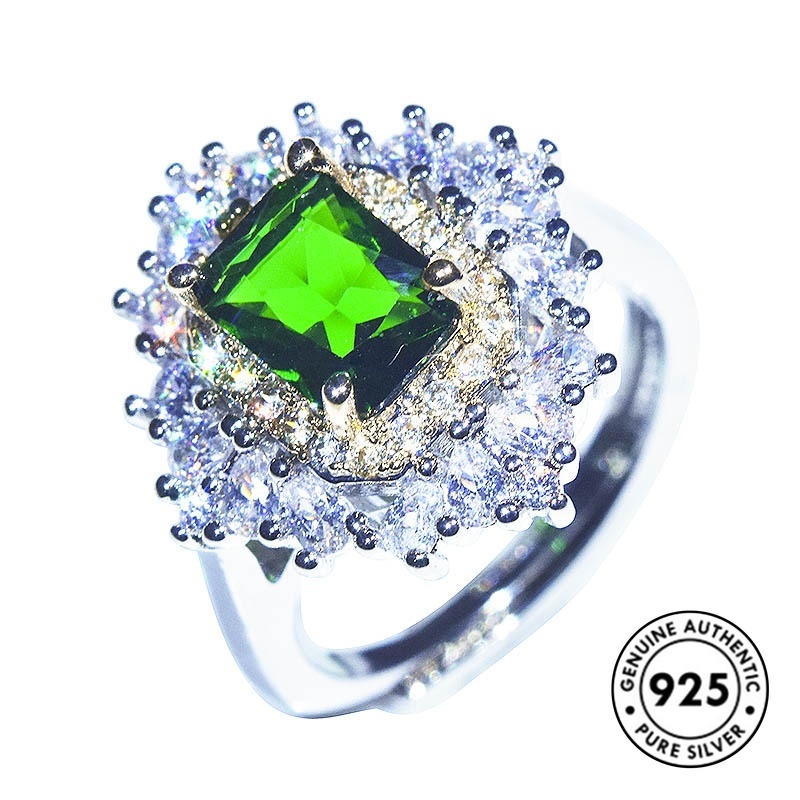 Cincin Sterling Silver 925 Model Terbuka Dengan Emerald Mewah Untuk Wanita