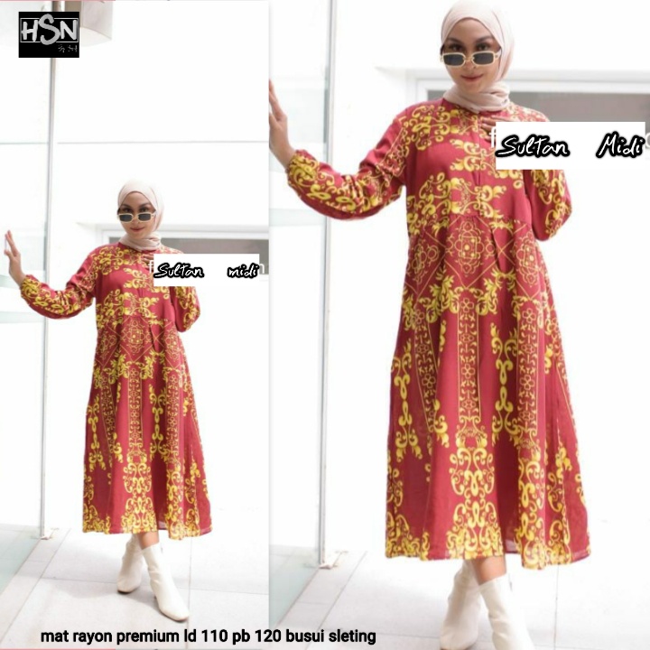 Sultan Midi Dres Remaja Rayon Adem Nyaman Gamis Busui Friendly LD 110 cm Baju Muslim Wanita Midi Resleting Depan