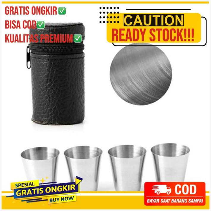 Gelas Mini Sloki Stainless Steel 4 Pcs Leather Pouch With Zipper