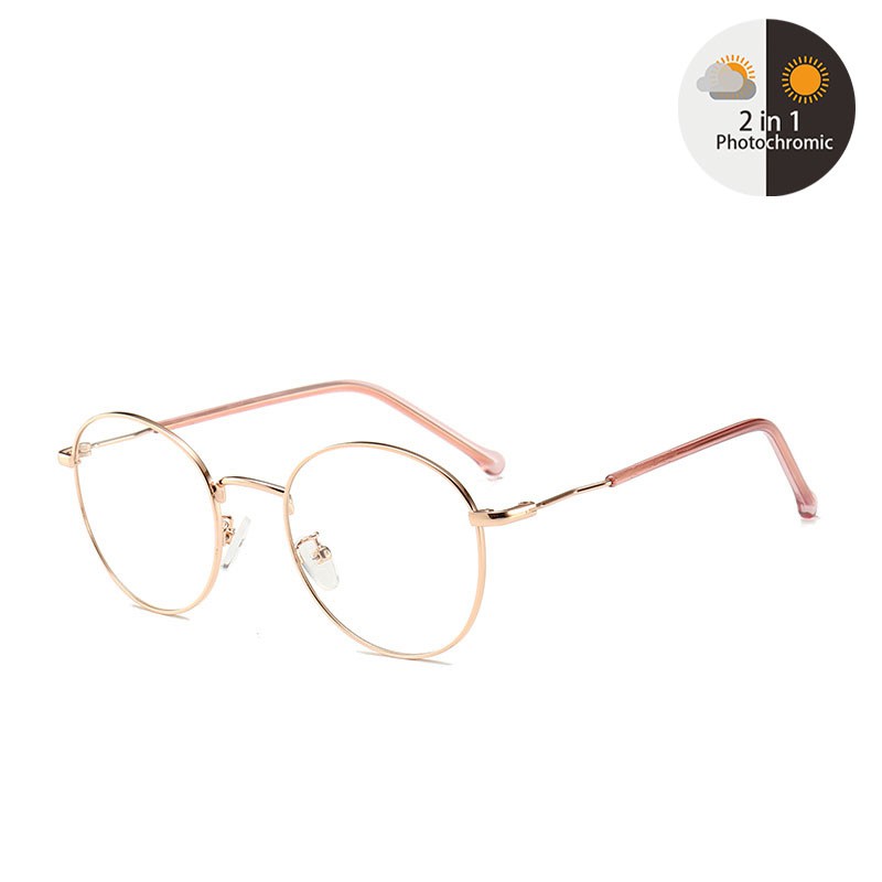 Kacamata Minus Besi Untuk Wanita Pria 0.5/1.0/1.5/2.0/2.5/3.0/3.5/4.0/4.5/5.0/5.5/6.0 Frame Kacamata Korean Bulat-Rose Gold