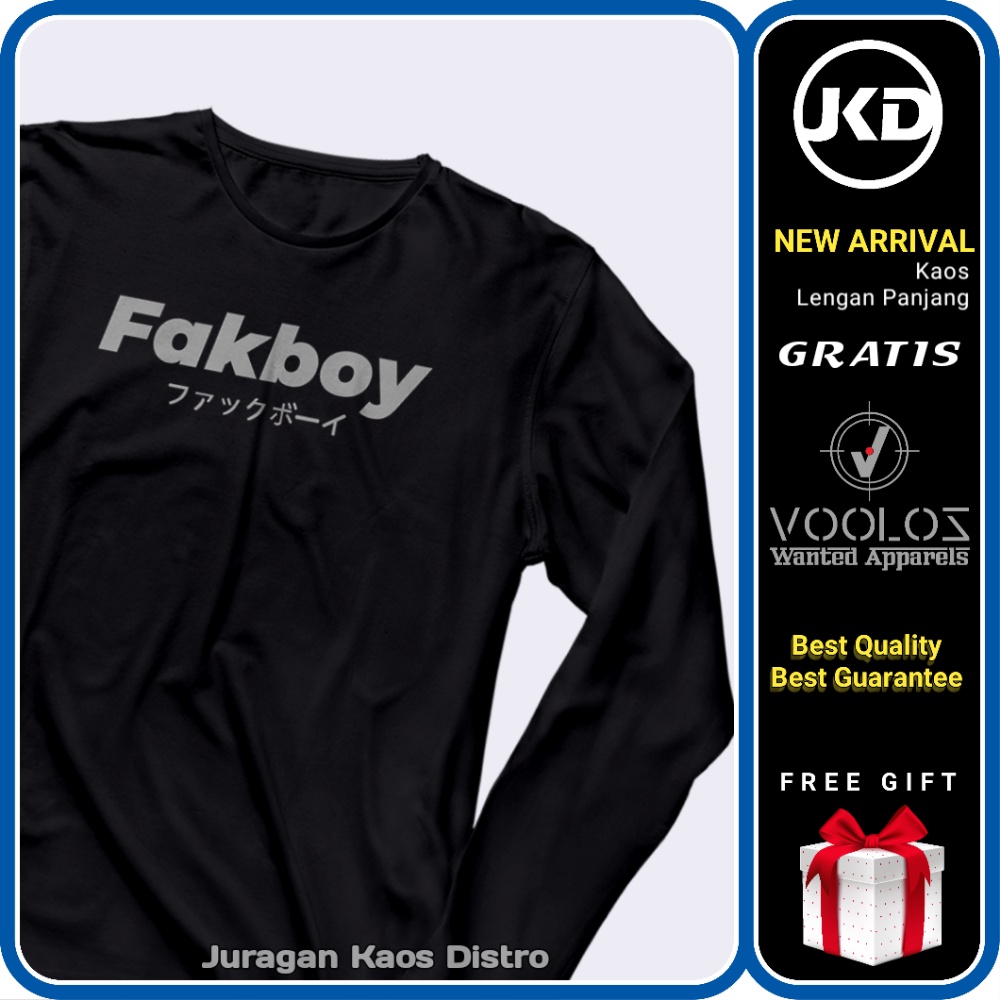 Baju Kaos Lengan Panjang Pria Distro Fakboy Hitam Premium Tulisan Katakana Jepang Cowok Keren Murah