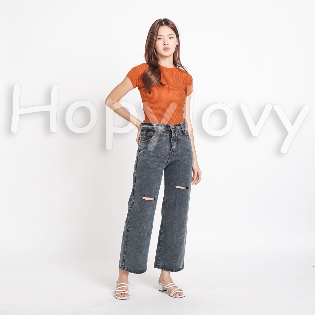 HOPYLOVY Celana Panjang Jeans Kulot Sobek Lutut Wanita Highwaist Jeans Ginela