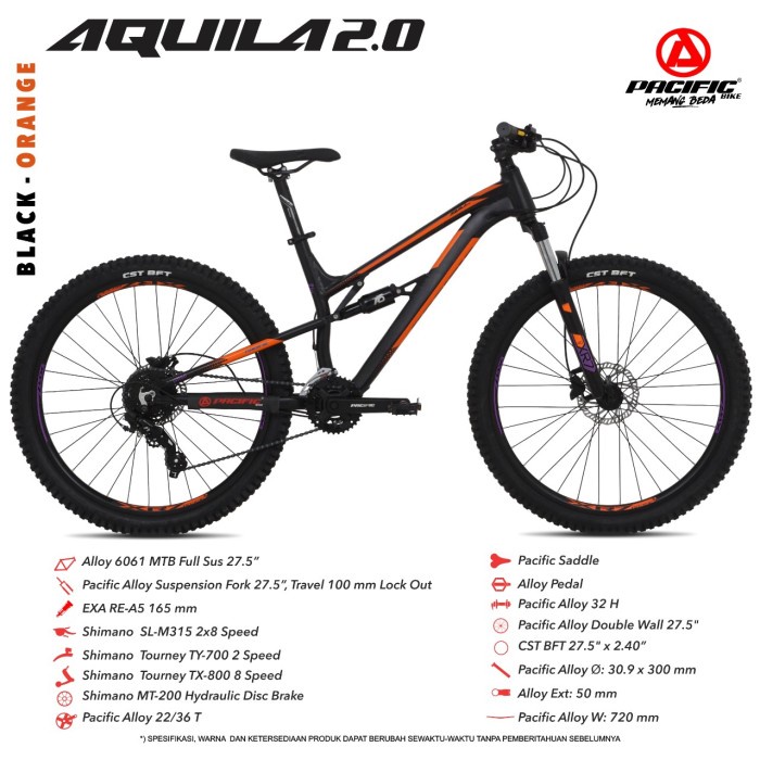 sepeda gunung mtb pacific aquila 2.0 free bottle cage lampu dpn blkg