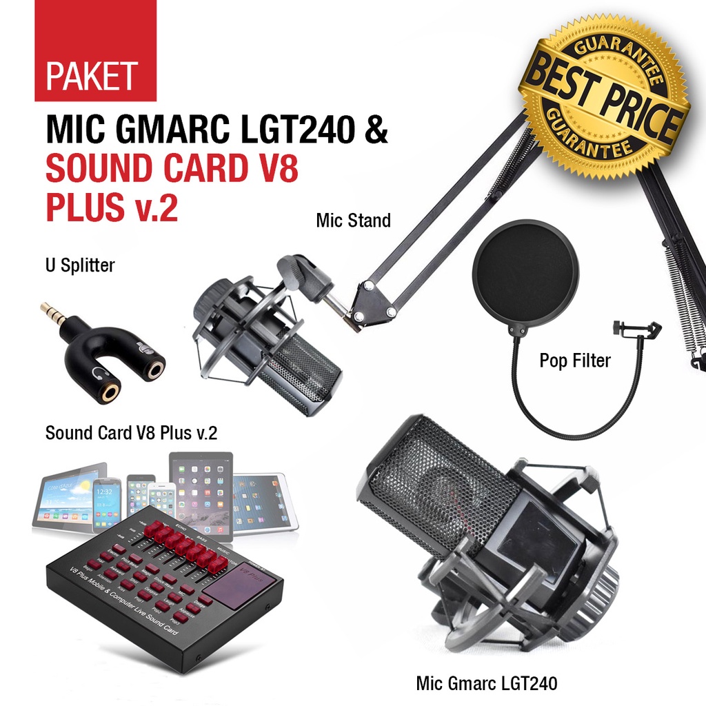 Paket Lengkap Mic Gmarc LGT240 dan Soundcard V8 Plus