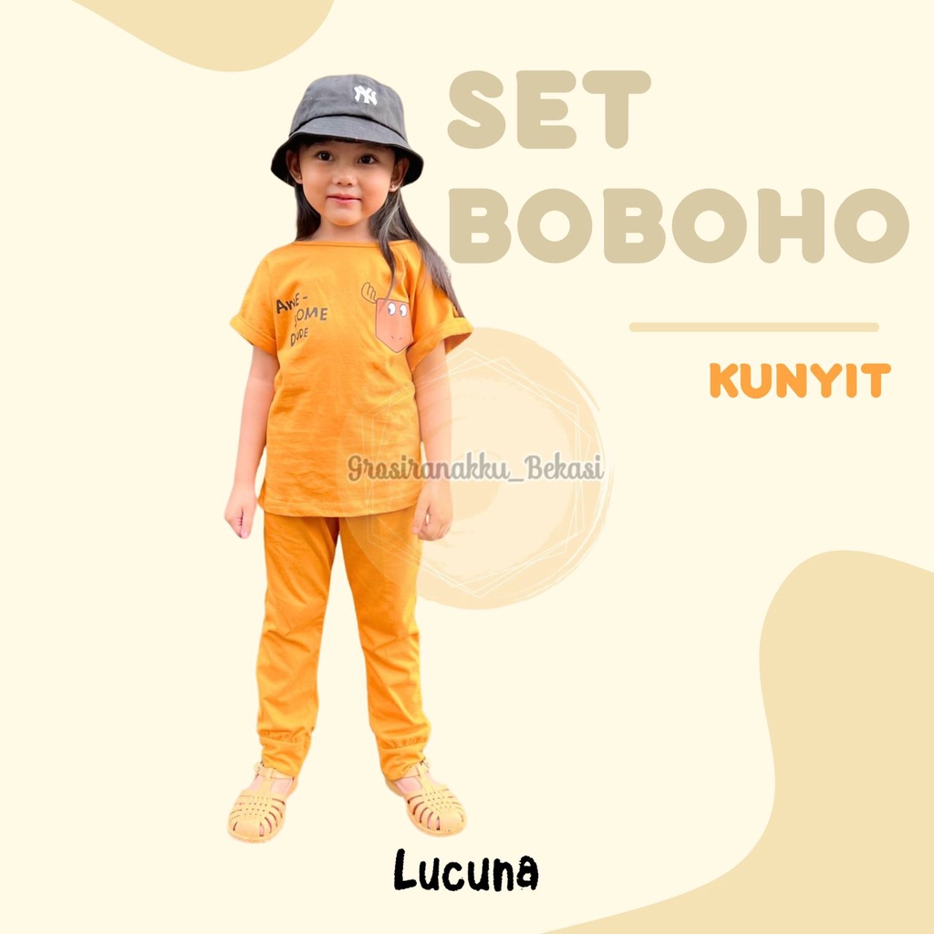 Setelan Anak Unisex Boboho Lucuna Warna Kunyit Size 1-5 Thn