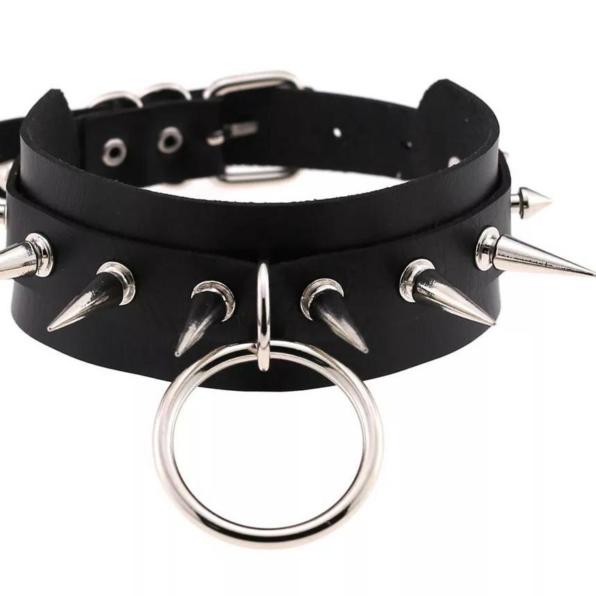 Dijamin Miring harga.. Kalung Spike Punk Metal gothic Rings Kulit Duri Rantai Necklace Leather Gespe
