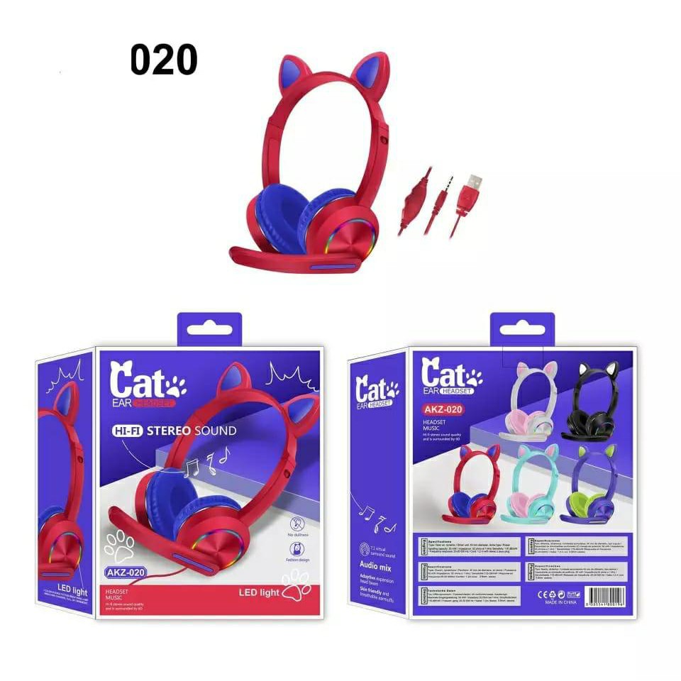 HEADSET HEADPHONE GAMING MUSIC CAT LED AKZ 020 SUPER BASS