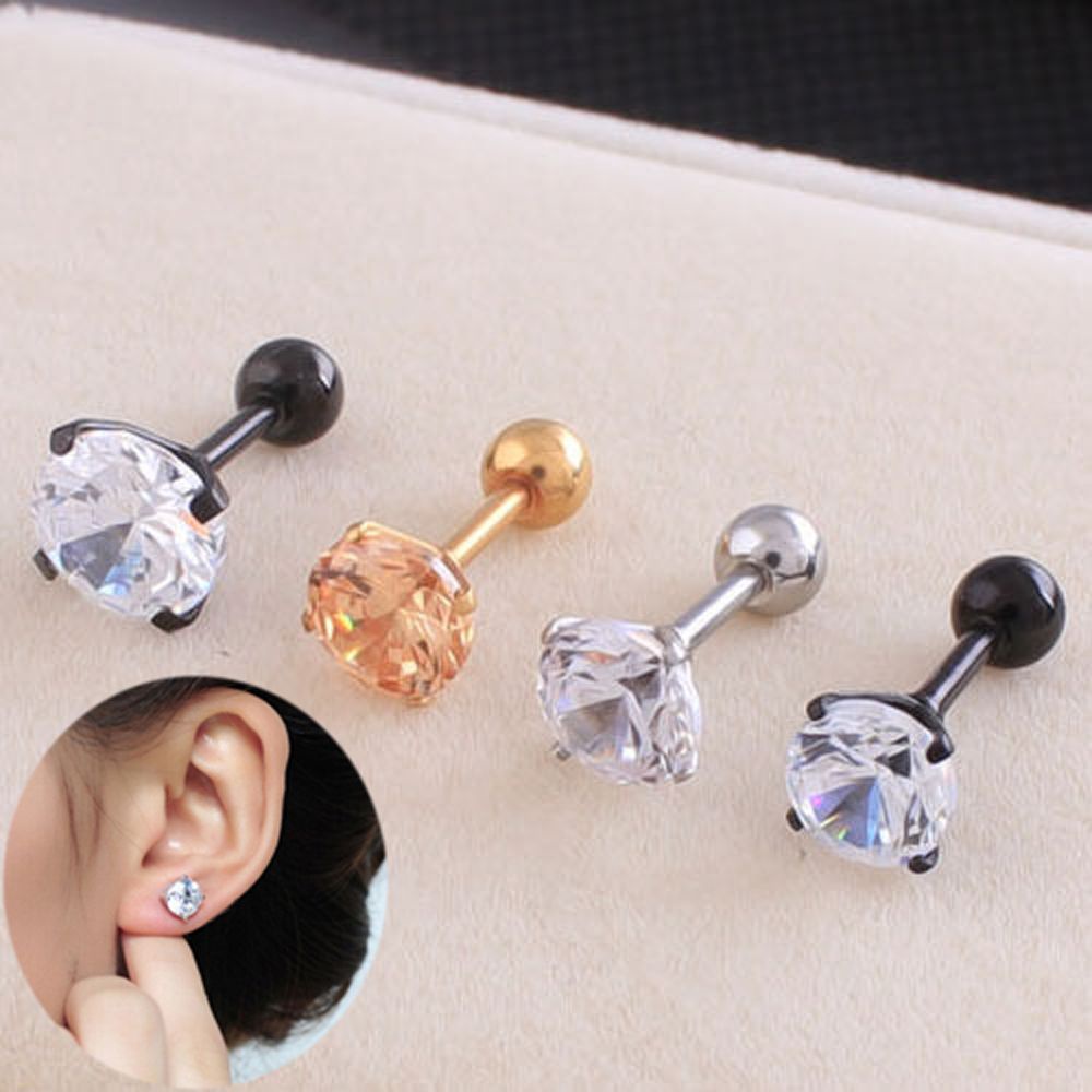 1pc Anting Stud Cubic Zirconia Bahan Titanium Steel Aneka Warna Untuk Unisex