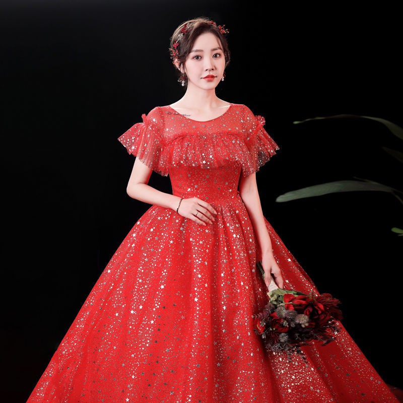 154 Red Bling BLing Short Sleeve Long Tail Women Bridal Wedding Gown Dress