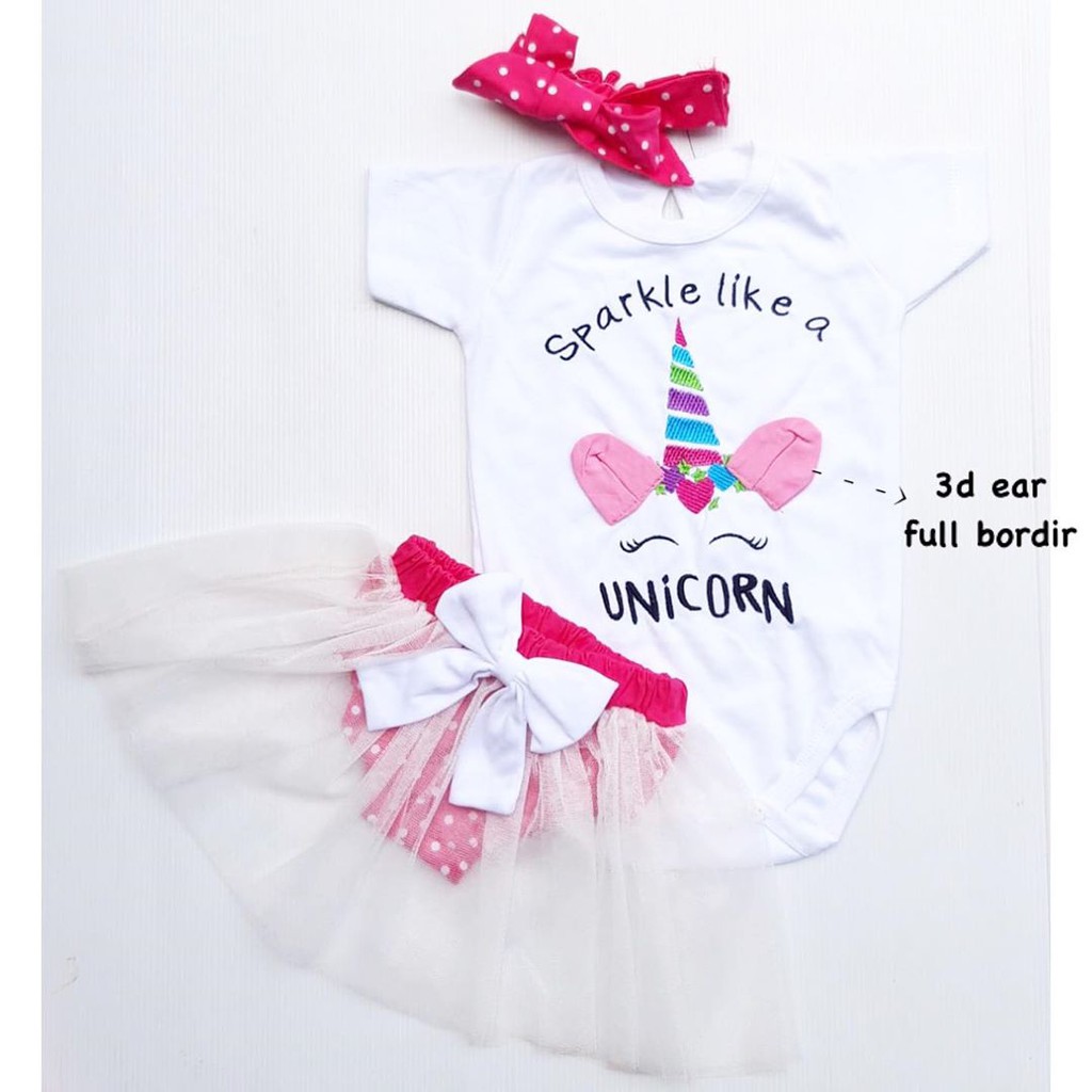 CROP TOP SET MEDINA / SPARKLE UNICORN / Babydoll in Polka bianca baju setelan celana bandana pita ruffle bayi anak perempuan cewek lucu