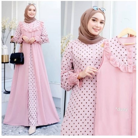 KIMIKO DRESS SET 2IN1 INNER DAN OUTER POLKADOT BAHAN  CERUTY BABYDOLL FULL FURING - BAJU MGAMIS MAXY