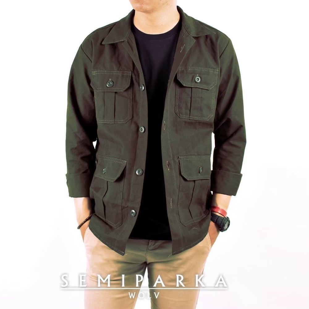 WOLV ORIGINAL JAKET SEMI PARKA jaket button jacket pria warna green double pocket art WSP204